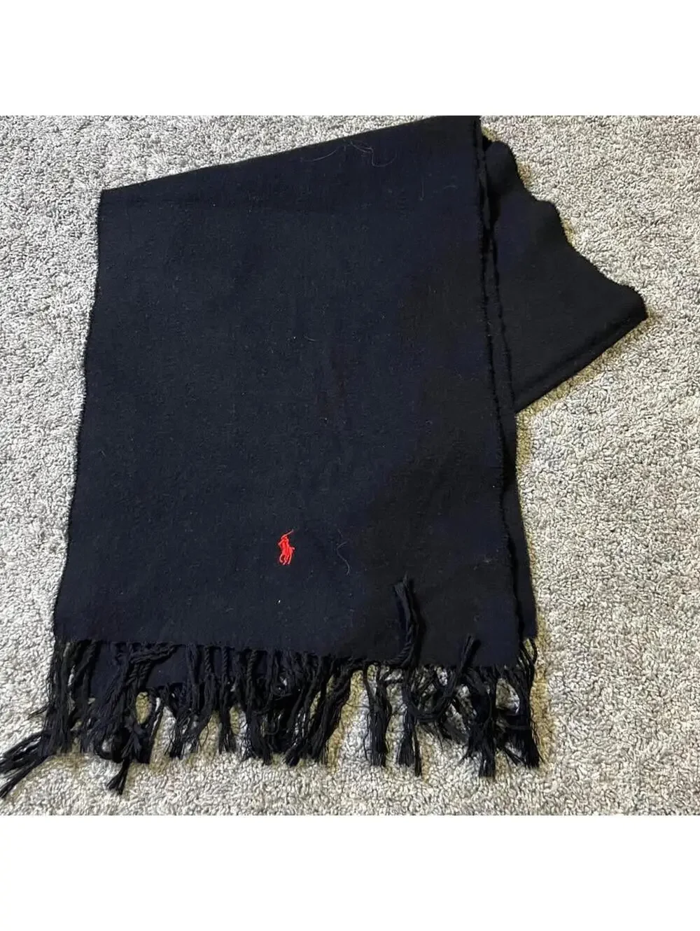 Ralph Lauren Black Cotton Fringed Scarf w Red Polo Logo